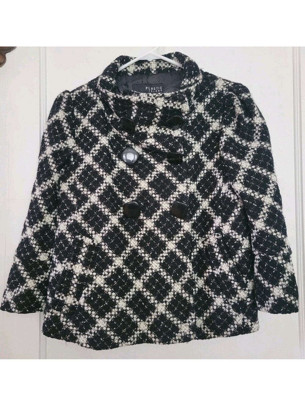 Plastic Island Black White Gold Tweed Jacket Women’s Size Large Wool Blend